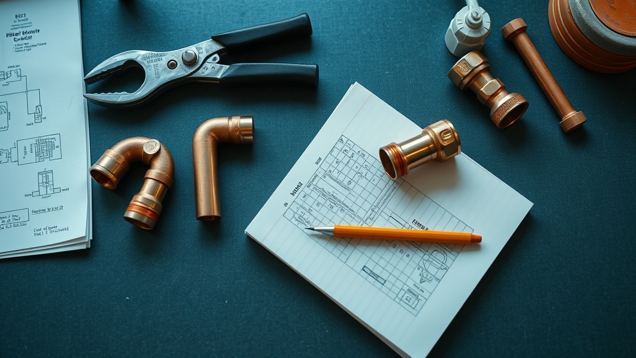 Plan de travail d'artisan plombier avec outils et raccords cuivre alignés