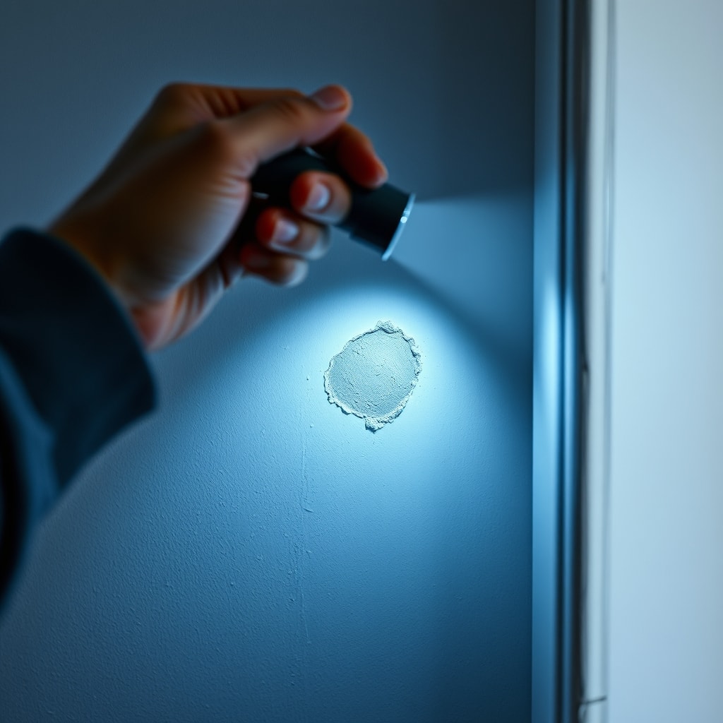 Trace d'humidité au bas d'un mur en cours d'inspection