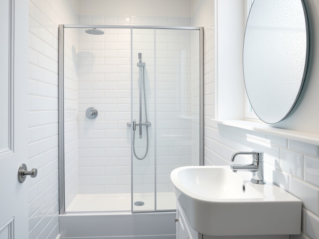 Salle de bain rénovée avec douche vitrée et robinetterie chromée neuve