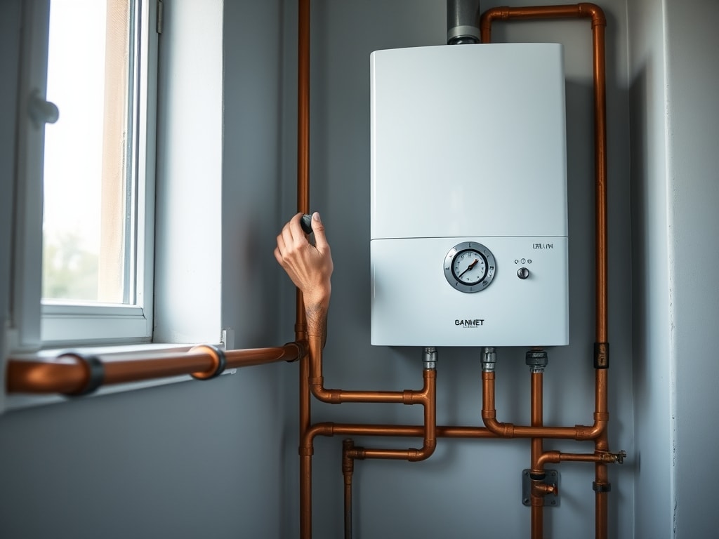 Chaudière murale gaz récente installée dans une buanderie