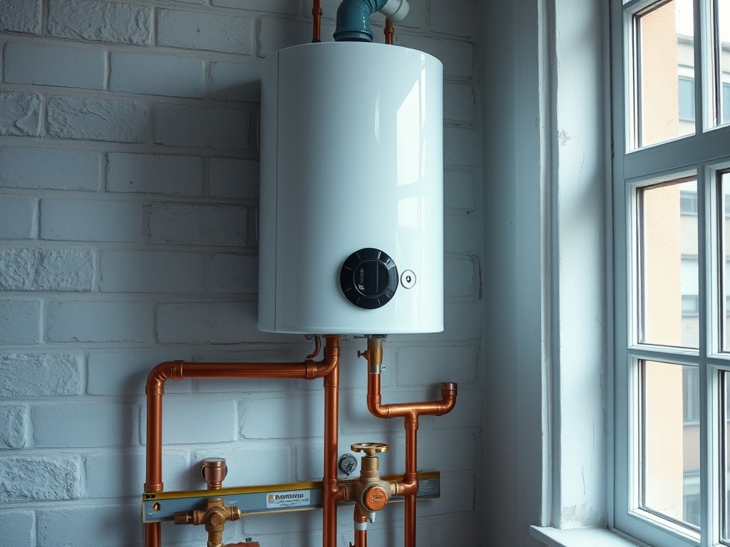 Chauffe-eau neuf installé dans une buanderie avec raccords cuivre
